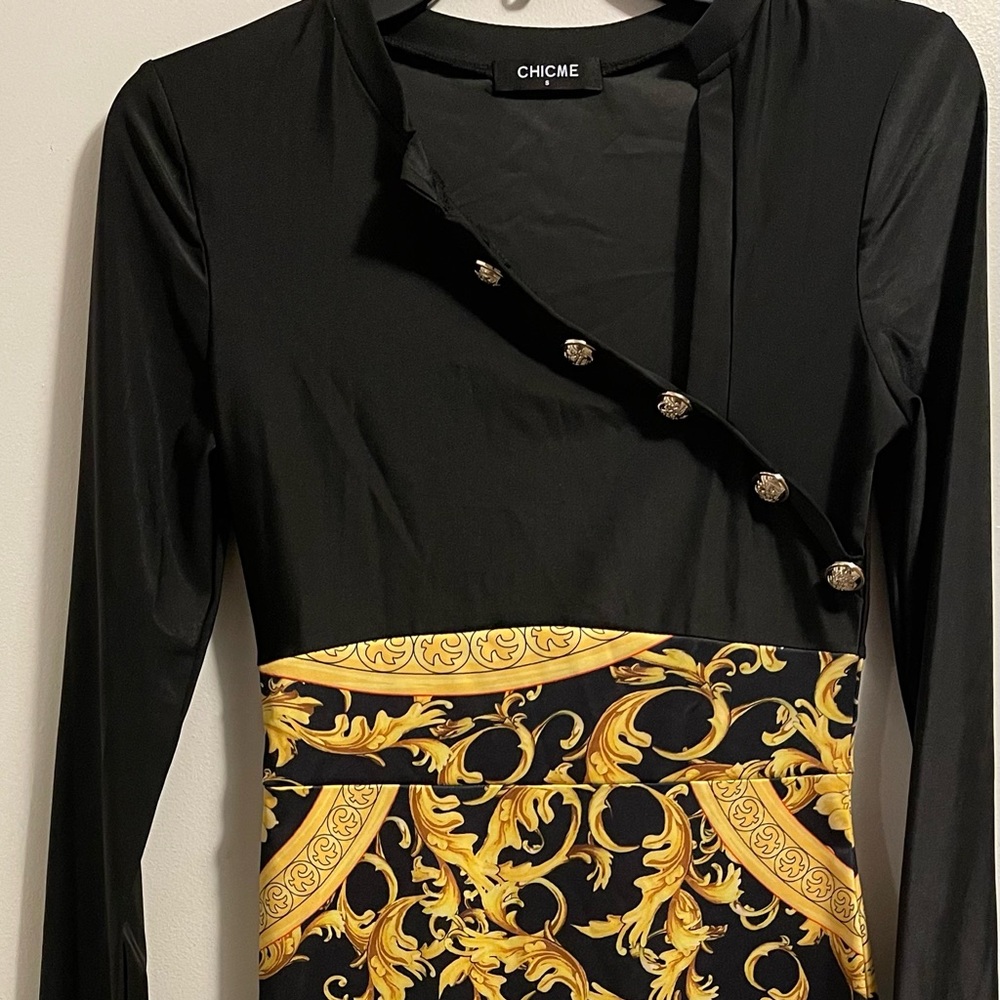 Baroque Print Long Sleeve Dress
